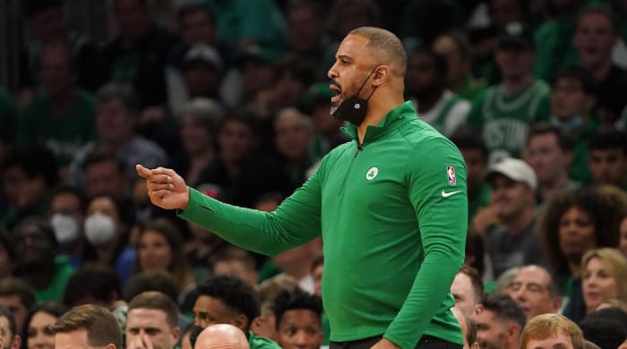 Jun 8, 2022; Boston, Massachusetts, USA; Boston Celtics head coach Ime Udoka reacts in the second quarter during game three of the 2022 NBA Finals against the Golden State Warriors at the TD Garden.